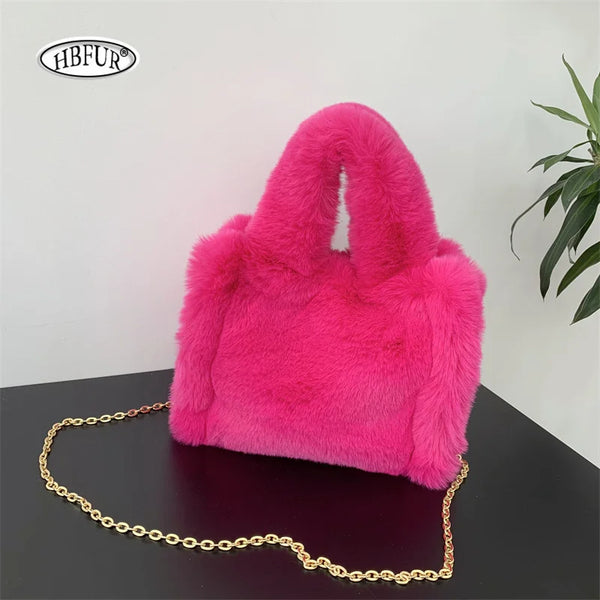 Fuzzy Pink Faux Fur Handbag Plush Square Shoulder Bags 2024 Winter Women's Crossbody Bag For Ladies Female Fluffy Handbags Purse