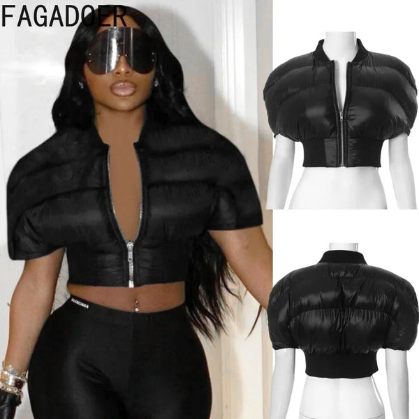 FAGADOER Black Puffer Jacket Autumn Winter Clothes Sexy Y2K Cropped Bubble Jackets Zip Up Short Sleeve Streetwear Coats Outcoat