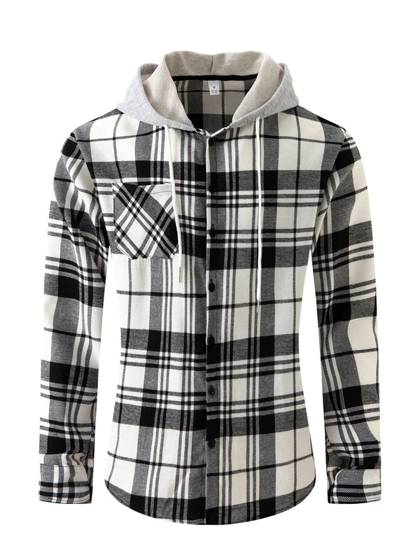 Men's Shirts Classic Plaid Casual Button Down Hooded Long Sleeved Shirt Hoodie Flannel Jacket Spring Autumn Tops