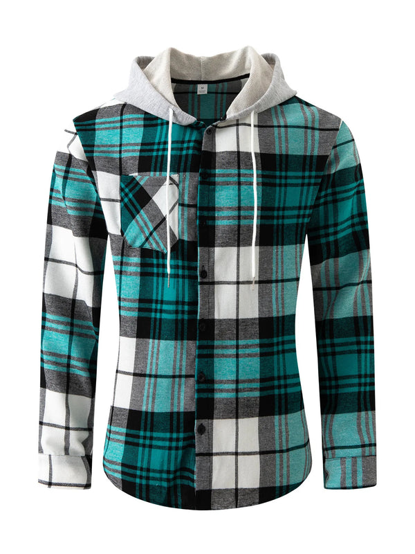 Men's Shirts Classic Plaid Casual Button Down Hooded Long Sleeved Shirt Hoodie Flannel Jacket Spring Autumn Tops