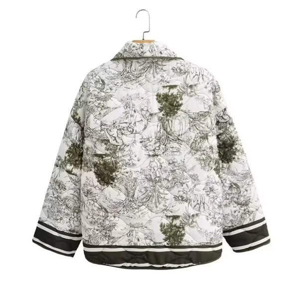 Taop&Za   Autumn New Product: Women's Fashionable and Casual Versatile Flip Collar Long Sleeve Printed Cotton Jacket