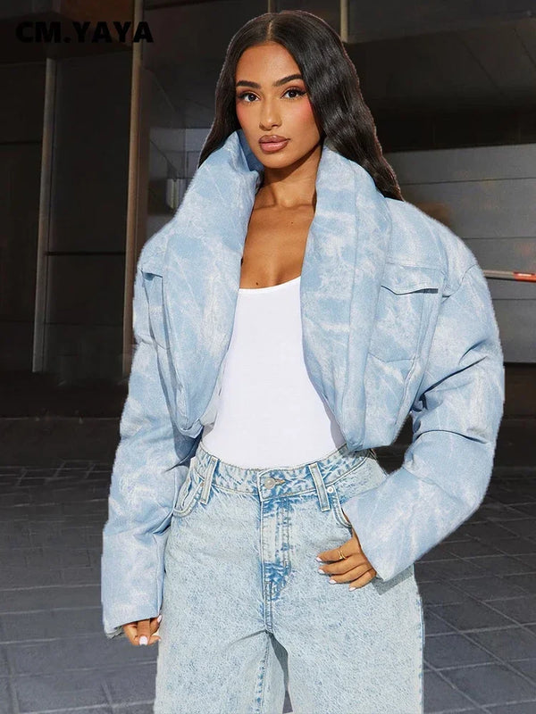 CM.YAYA Streetwear Women Tie Dye Print Long Sleeve Parkas Jacket Thick Warm 2024 Winter Autumn Outwear Coats