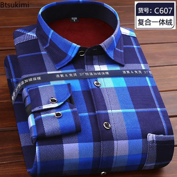 Flannel Men Shirt 2024 Autumn Winter Male Long Sleeve Plaid Shirt Thick Fleece Lined Soft Casual Flannel Warm Dress Shirt Male