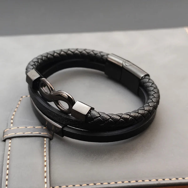 New Infinite 8 Symbol Bracelet for Men Hand Multi-Layers Black Leather with Magnetic Charm Bracelet Clasp Boyfriend Jewelry Gift