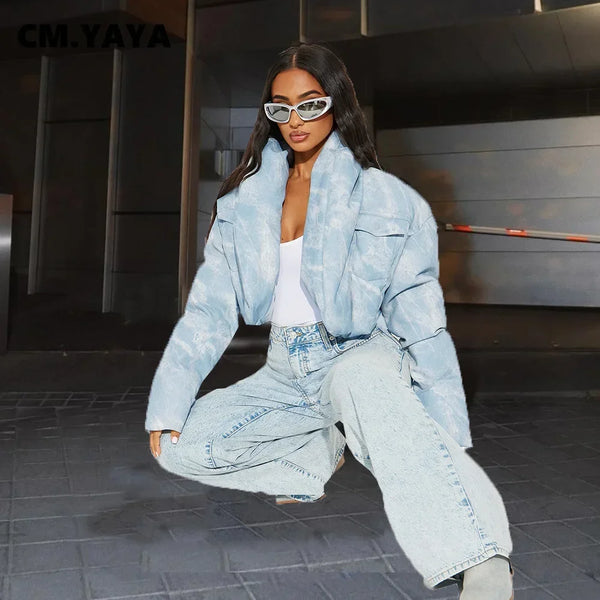 CM.YAYA Streetwear Women Tie Dye Print Long Sleeve Parkas Jacket Thick Warm 2024 Winter Autumn Outwear Coats