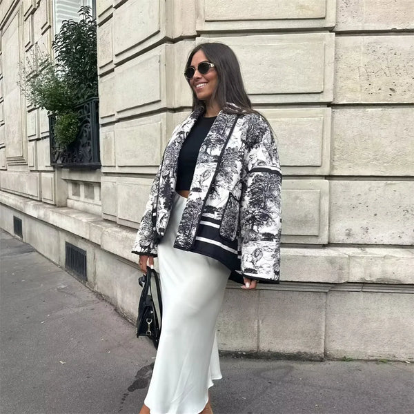 Taop&Za   Autumn New Product: Women's Fashionable and Casual Versatile Flip Collar Long Sleeve Printed Cotton Jacket